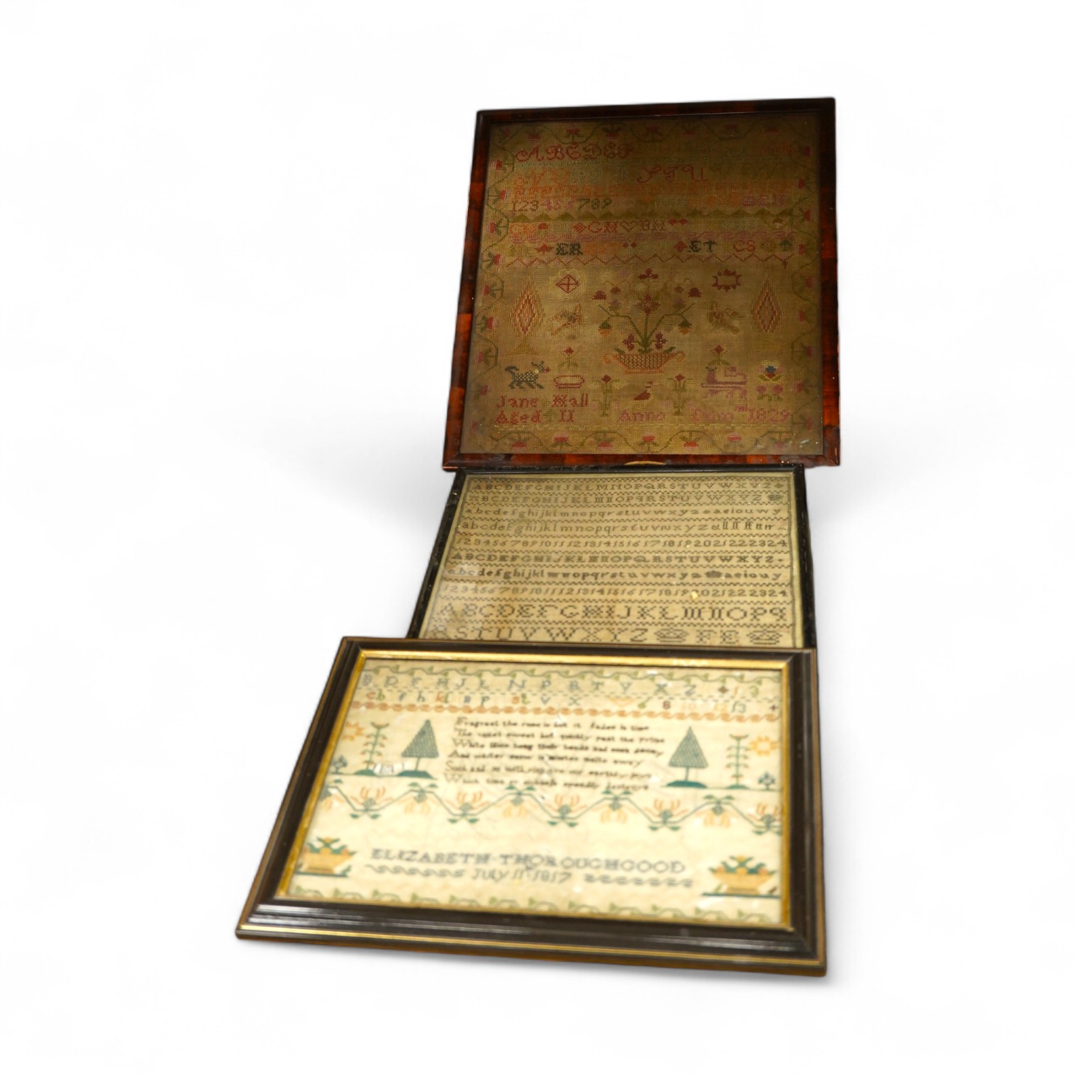 Three early 19th century samplers. One by Elizabeth Thoroughgood dated July 11th 1817, another from Ellen to Caroline, 22nd August 1829 and the third by Jane Hall aged 11, 1829. The first finely embroidered with a verse